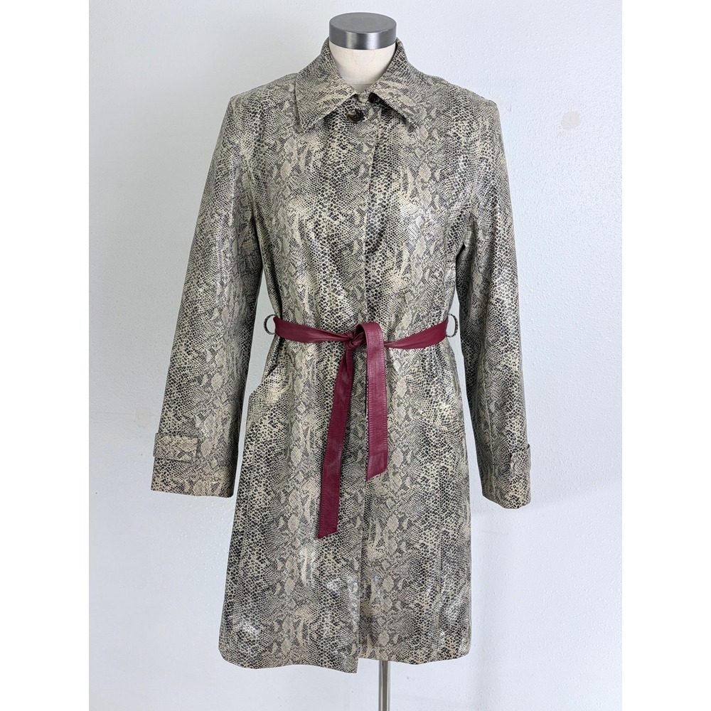 Gallery Trench Coat Gray Faux Snakeskin Print Button Front Burgundy Belted M
